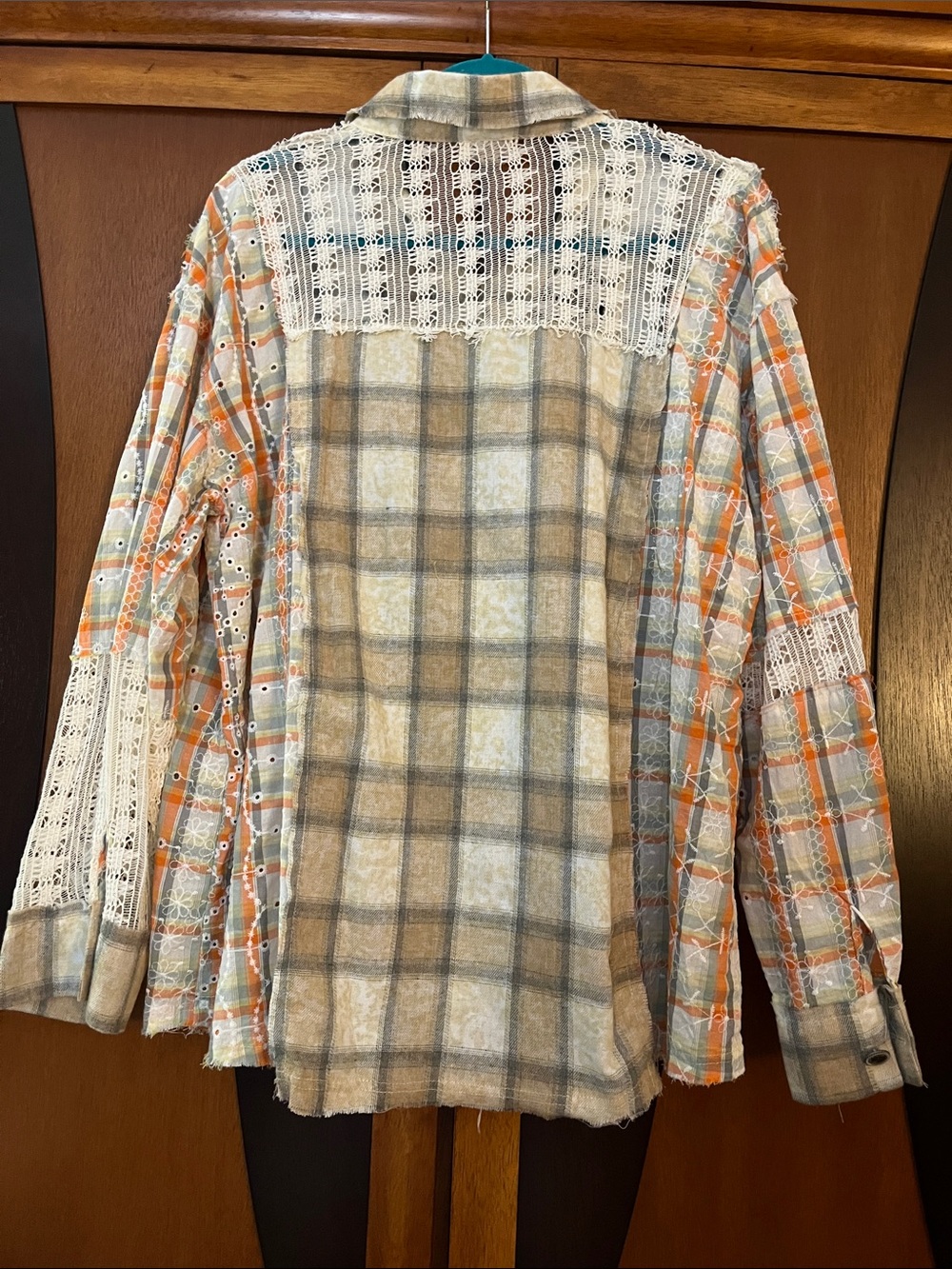 POL Plaid & Lace Patchwork Button-Up Shirt - Beige-Orange-Cream w/Open Lace - Picture 11 of 14